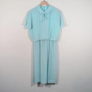 Vintage Kevin Stuart Petites Aqua Blue Mod Dress Size 10 Bow Collar 70s 80s